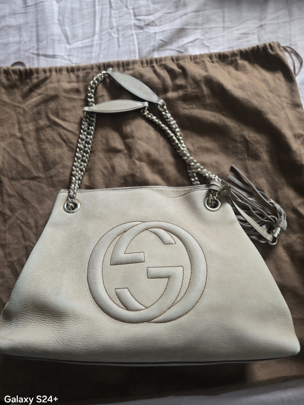 Gucci Soho Chain Tote Beige Leather GG Logo Shoulder Bag AUTHENTIC COA - Picture 2 of 8